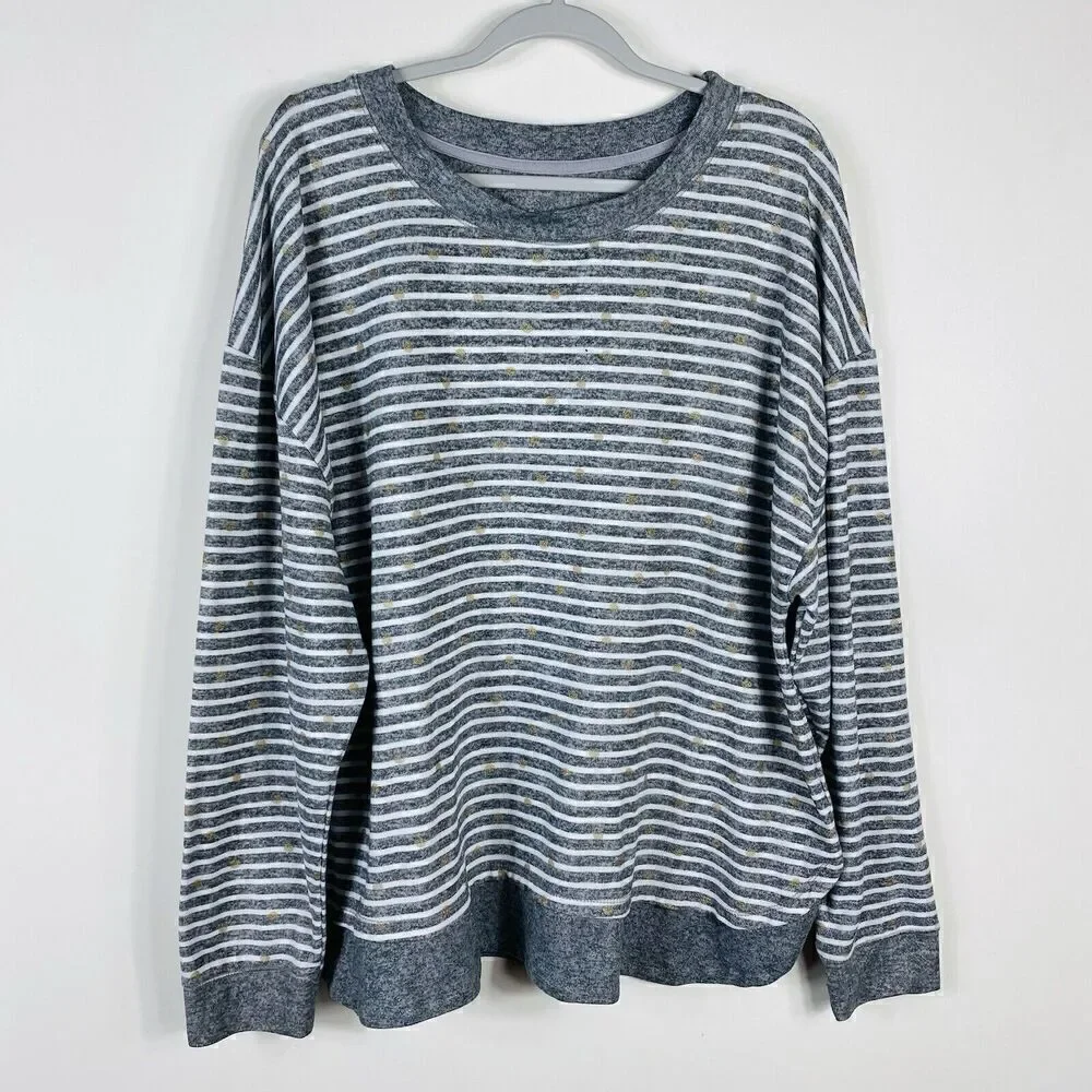 Carole Hochman Size 1X Striped Metallic Polka Dot Long Sleeve Pajama Top Gray